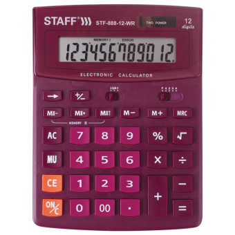 Калькулятор настольный STAFF STF-888-12-WR (200х150 мм) 12 разрядов, двойное питание, БОРДОВЫЙ, 250454 за 1 593 ₽. Калькуляторы настольные. Доставка по России. Без переплат!